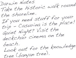 Darwin Notes
Take the historic walk round the shoreline.
If you need stuff for your trip - Casurina is the place!
Quiet Night? Visit the deckchair cinema on the beach.
Look out for the knowledge tree (banyan tree).


